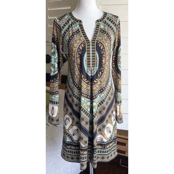 Hale Bob Shift Dress Women M Multicolor Geo Floral Equestrian Print Pullover L/S - Picture 1 of 11